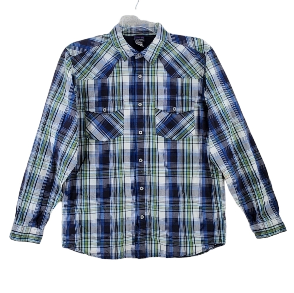Patagonia Shirt Plaid Organic Cotton Green Blue White Button Up Mens M - Picture 1 of 13